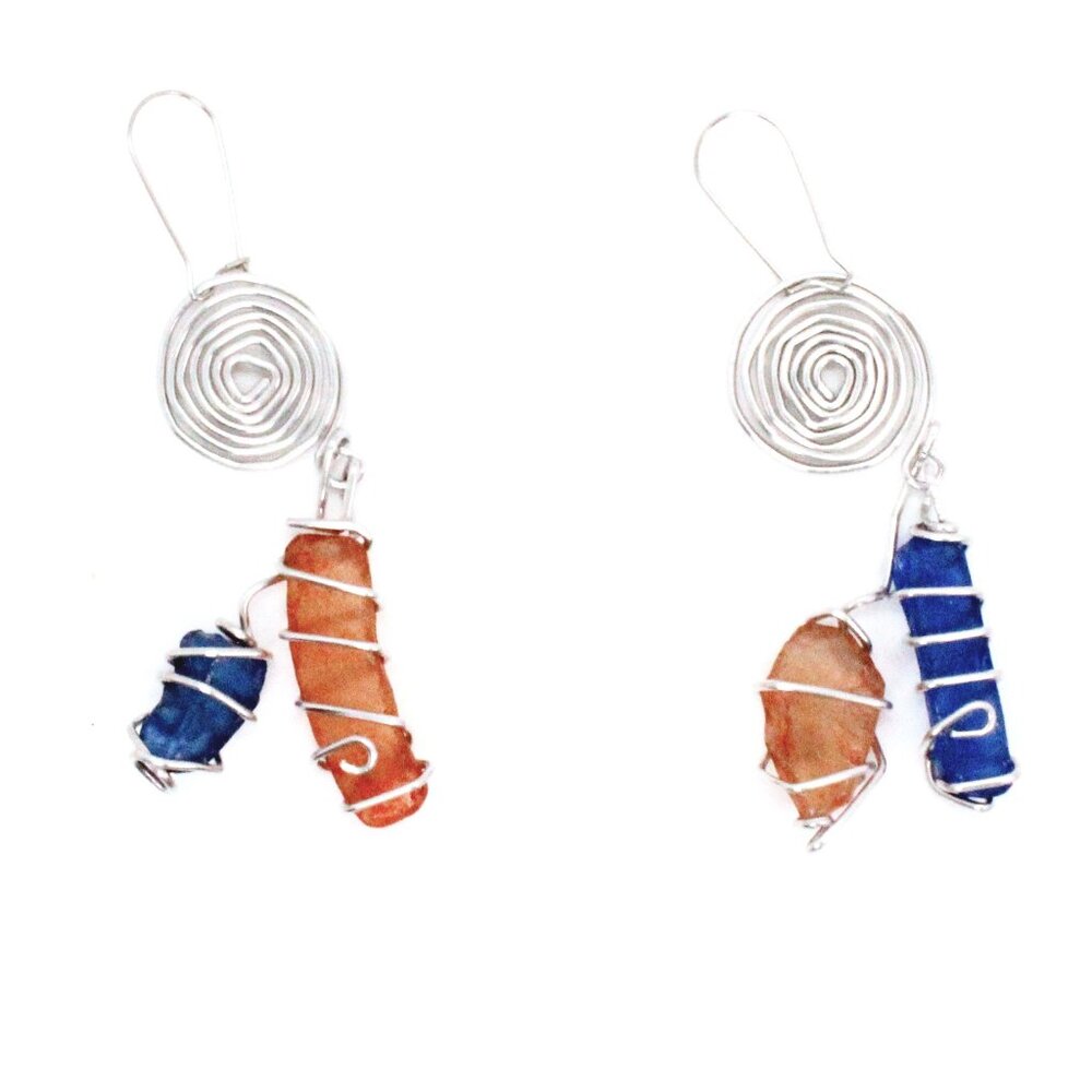 Handmade spiral wire wrapped blue and orange glass earrings.